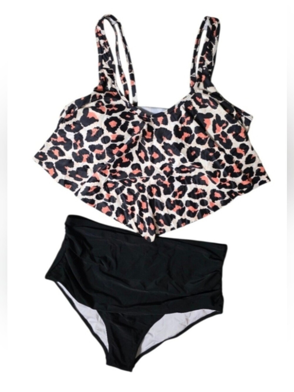 Leopard Print Tankini Top with Black High Waist Bottoms